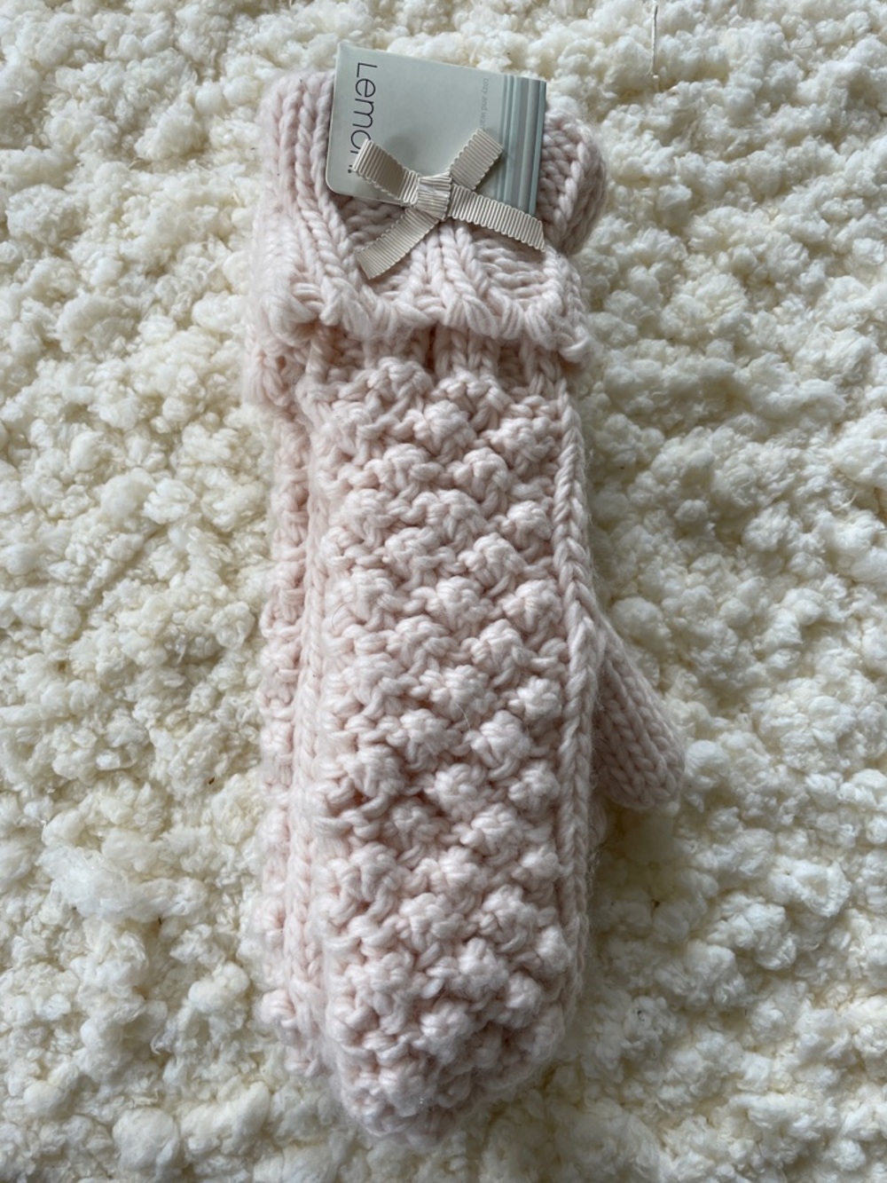 Lemon Pale Pink Knit Cable Mittens